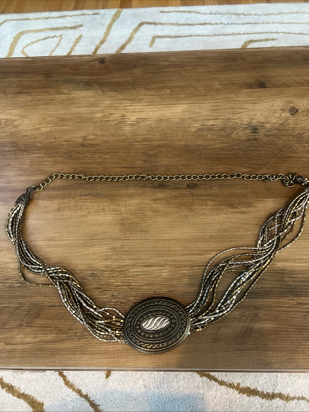 Boho Multi-Strand Beaded Waist Belt with Faux Mother-of-Pearl Oval Medallion